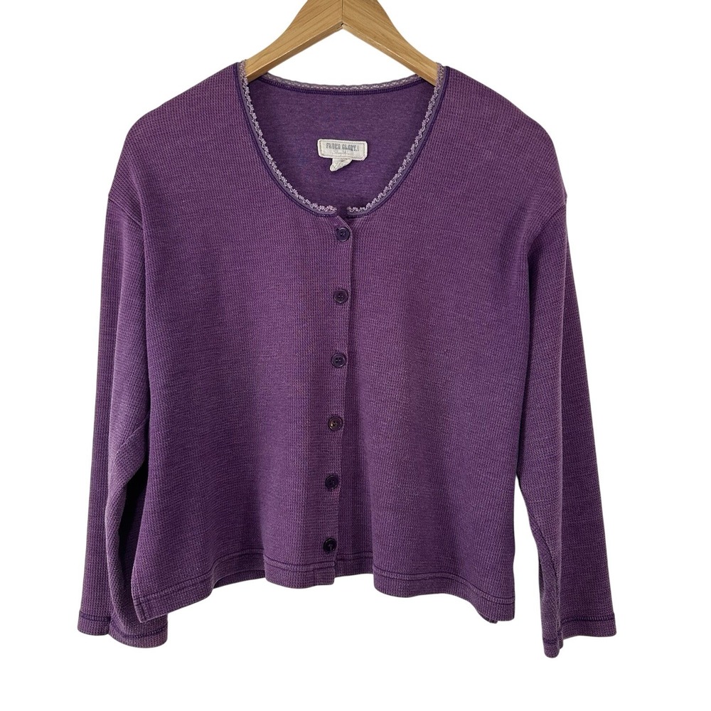 Vintage Faded Glory Cardigan Button Up Thermal Top 90s Y2K Purple Lace Trim Worn